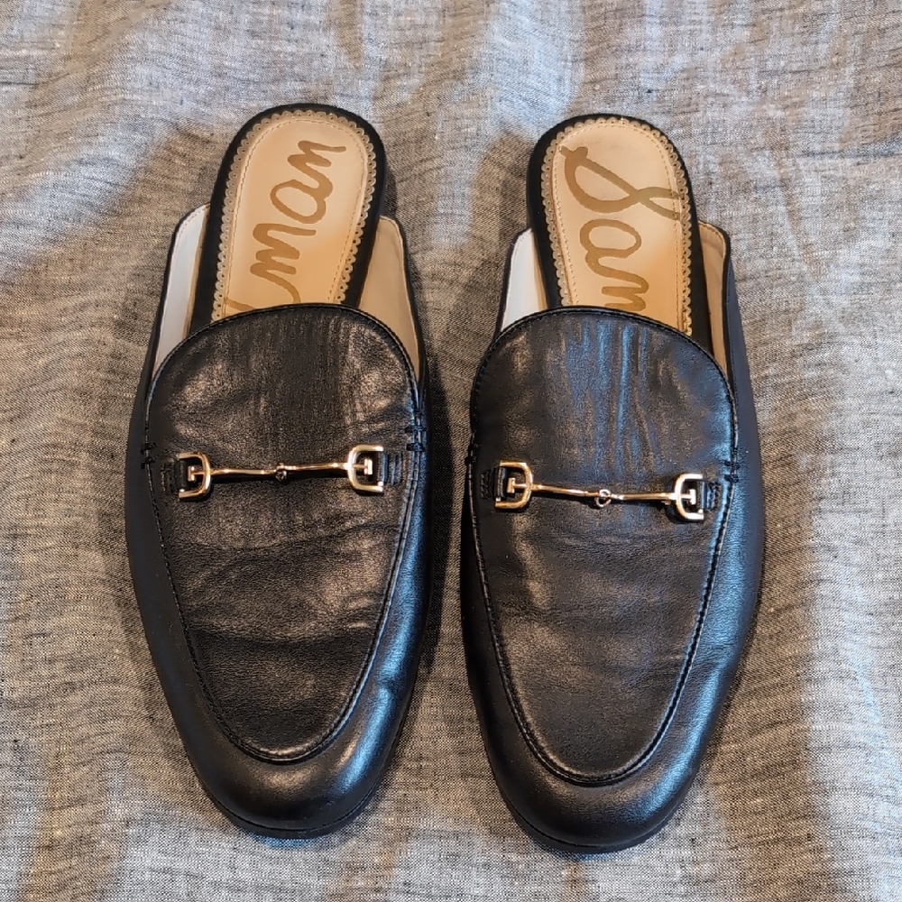 Sam Edelman Black Leather Slip-On Linnie Bit Mule w/ gold tone bit detail